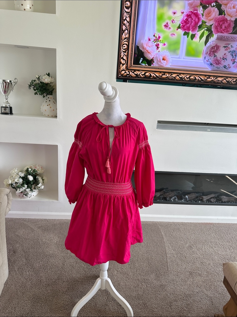 Zara Hot Pink Smocked Waist Tassel Tie Mini Dress